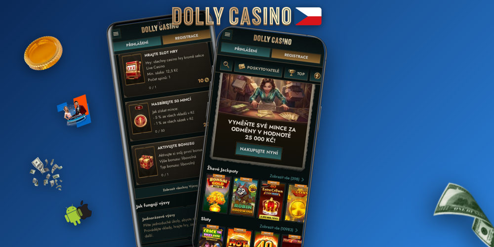 Koláž telefonů s Dolly Casino Casino aplikací – sloty, živé kasino a sportovní sázky
