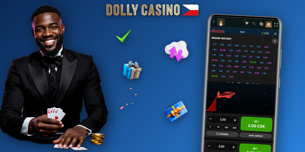 Časová osa kola Aviator od startu po crash s logem Dolly Casino Casino