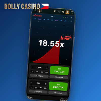 Barevné štítky s přehledem předchozích multiplikátorů kol v Dolly Casino Casino Aviator
